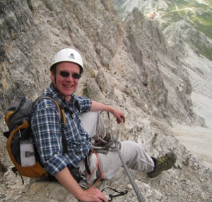 Stuart on the via ferrata ascent of Monte Paterno, Italy
